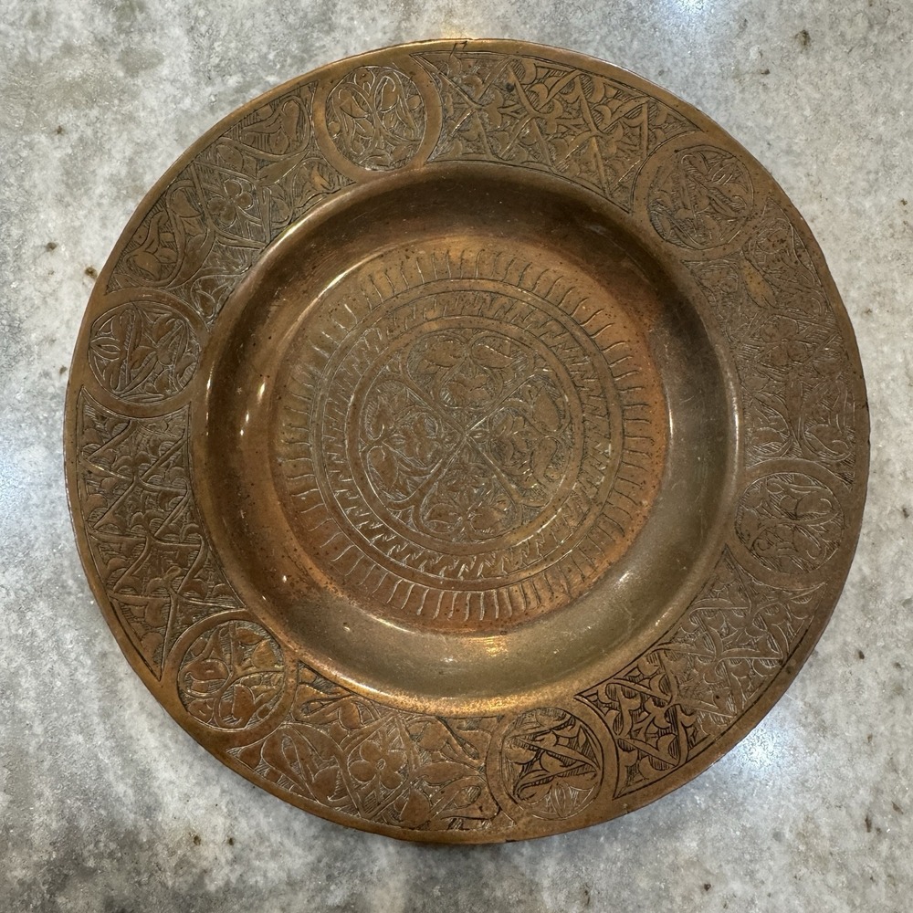 VTG Hand Engraved Copper Wall Plate Persian Floral Charger 8" Oriental Etched